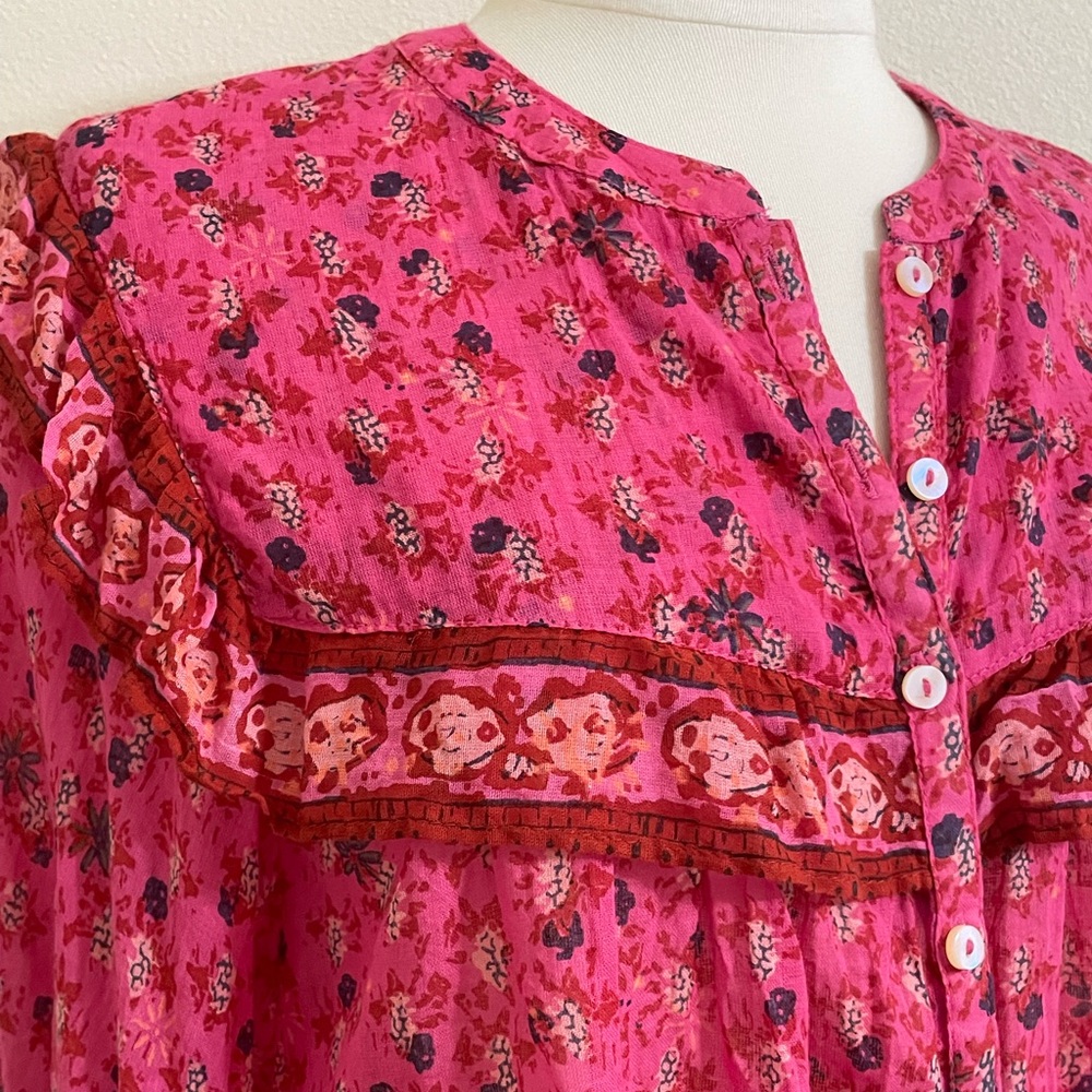 FREE PEOPLE Jenna Floral Ruffle Blouse Raspberry Red Flowy Feminine Size Small - Picture 5 of 15